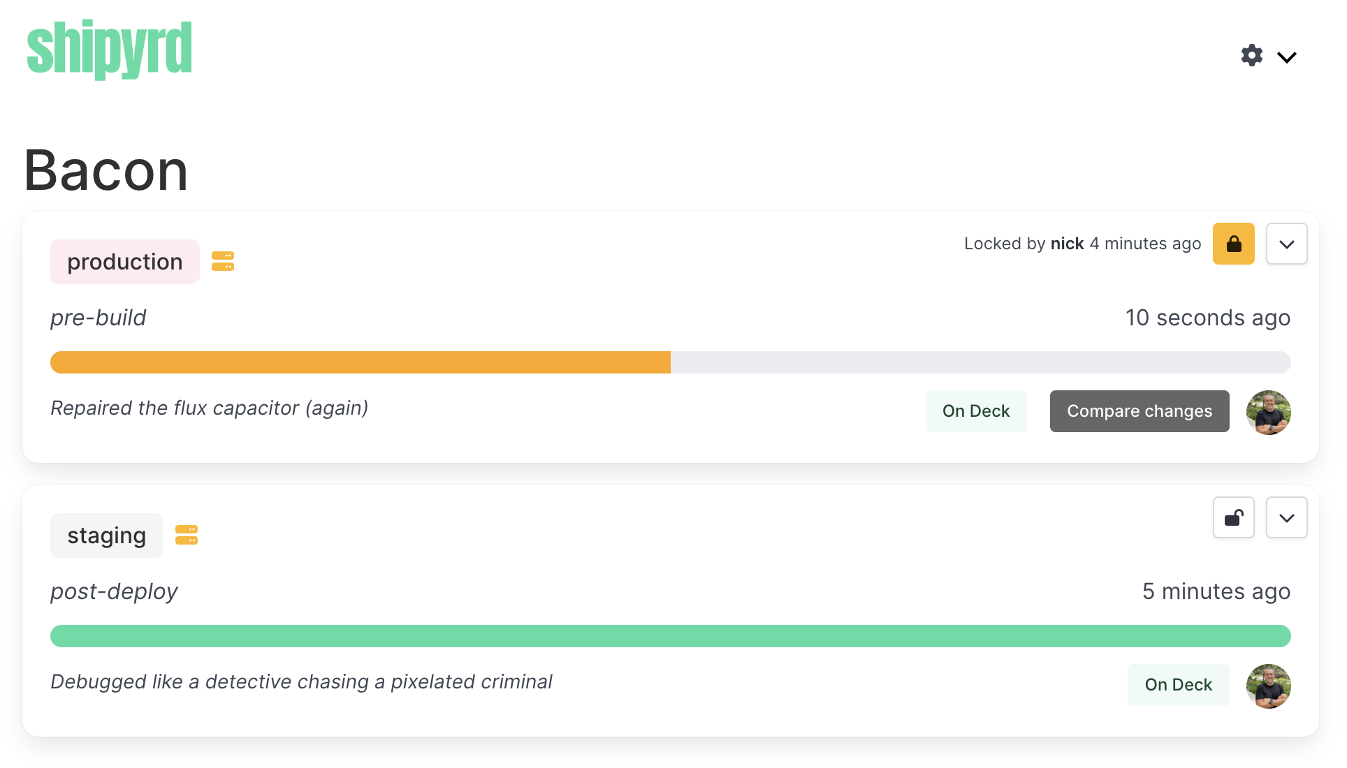 Shipyrd deployment dashboard showing deploy history, environment status, and commit details
